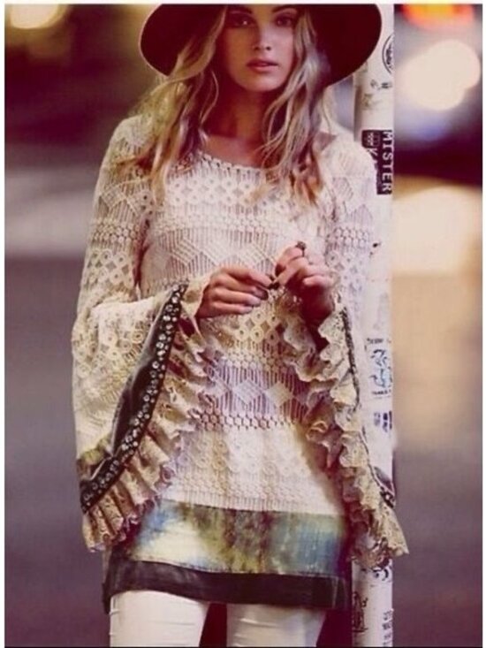 Free People Dresses & Skirts - RARE Free People Embellished Bell Sleeve Lace Tunic Mini Dress S/M | Boho Indie